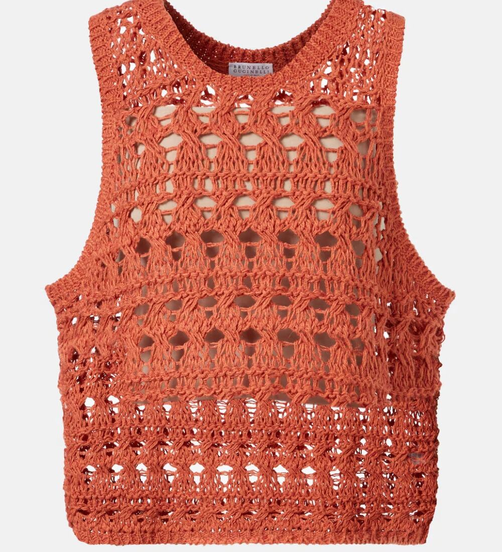 Brunello Cucinelli Jute Cotton Knit Sweater Vest Medium Orange Tangerine Italy